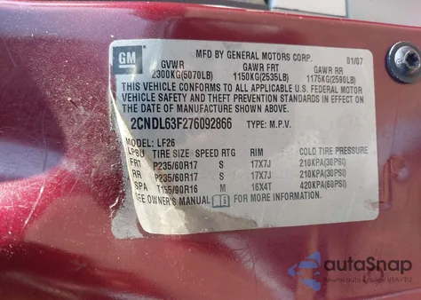 2007 Chevrolet Equinox Lt from USA, damaged, VIN 2CNDL63F276092866